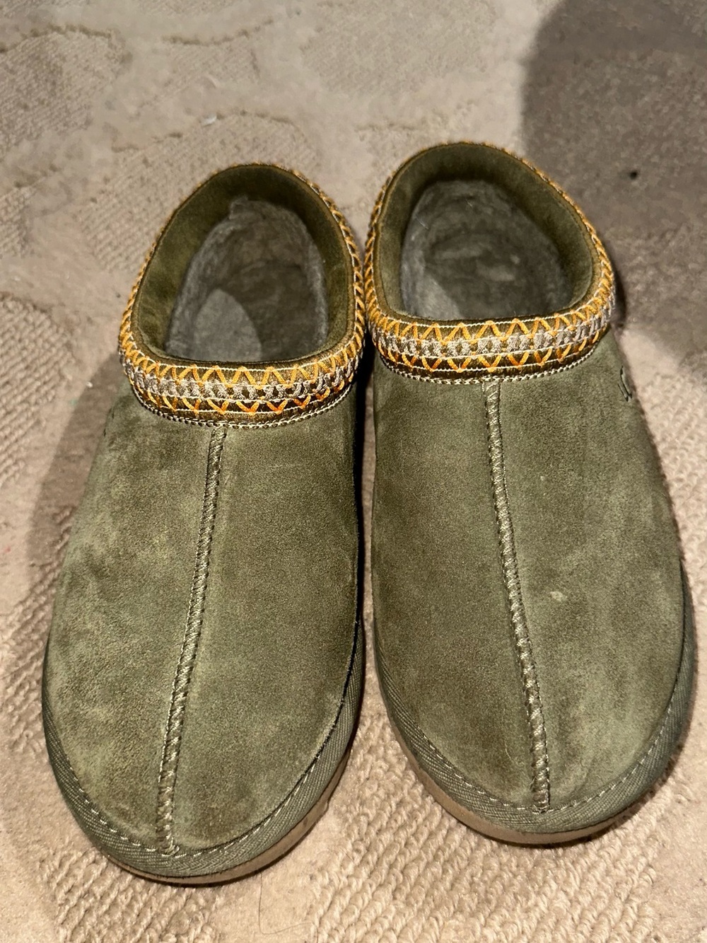 UGG Olive Green Suede Mules with Yellow Trim